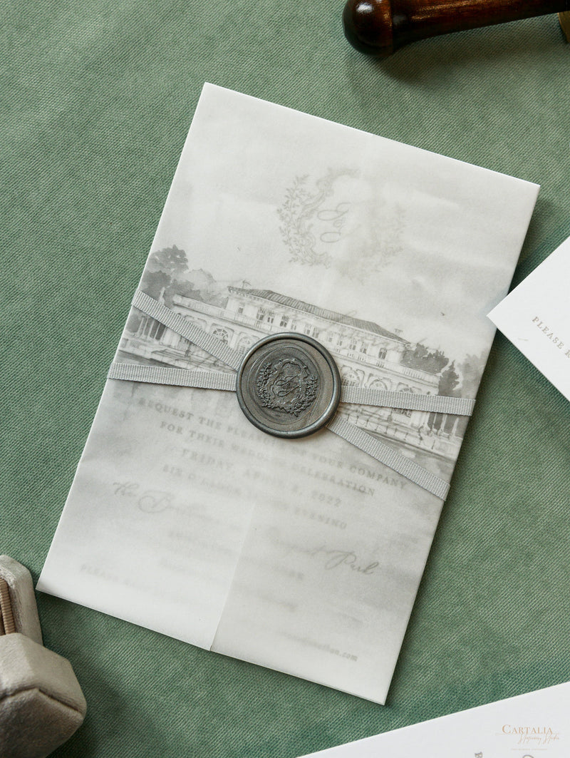 Custom Watercolour Venue Invitation with on Vellum with Wax Seal | SAMPLE