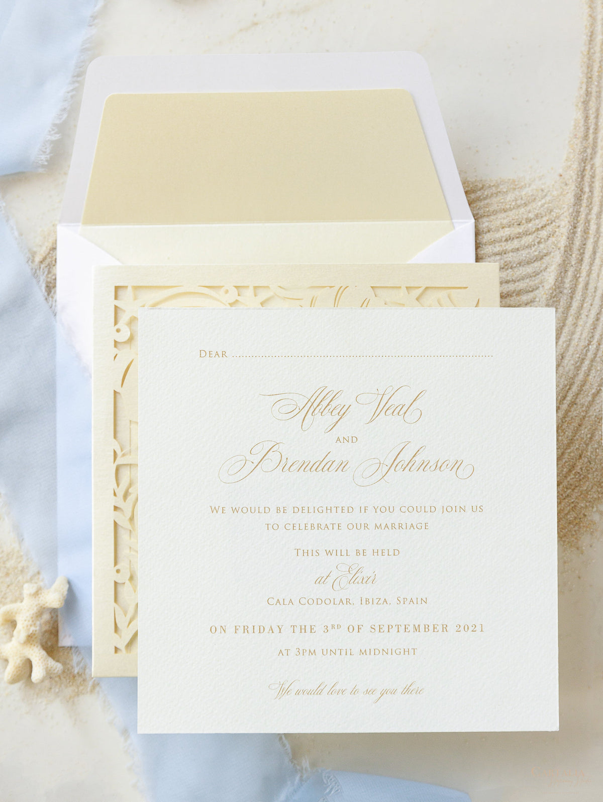 Beach Wedding Invitation |   Sea Horses Laser cut Pull out folder Invitation in Cream and Champagne Metallic Colours