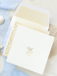 Beach Wedding Invitation |   Sea Horses Laser cut Pull out folder Invitation in Cream and Champagne Metallic Colours