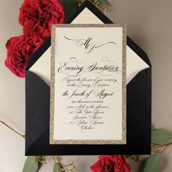 Black Opulence Luxury Evening Invitation with Gold Glitter + Envelope
