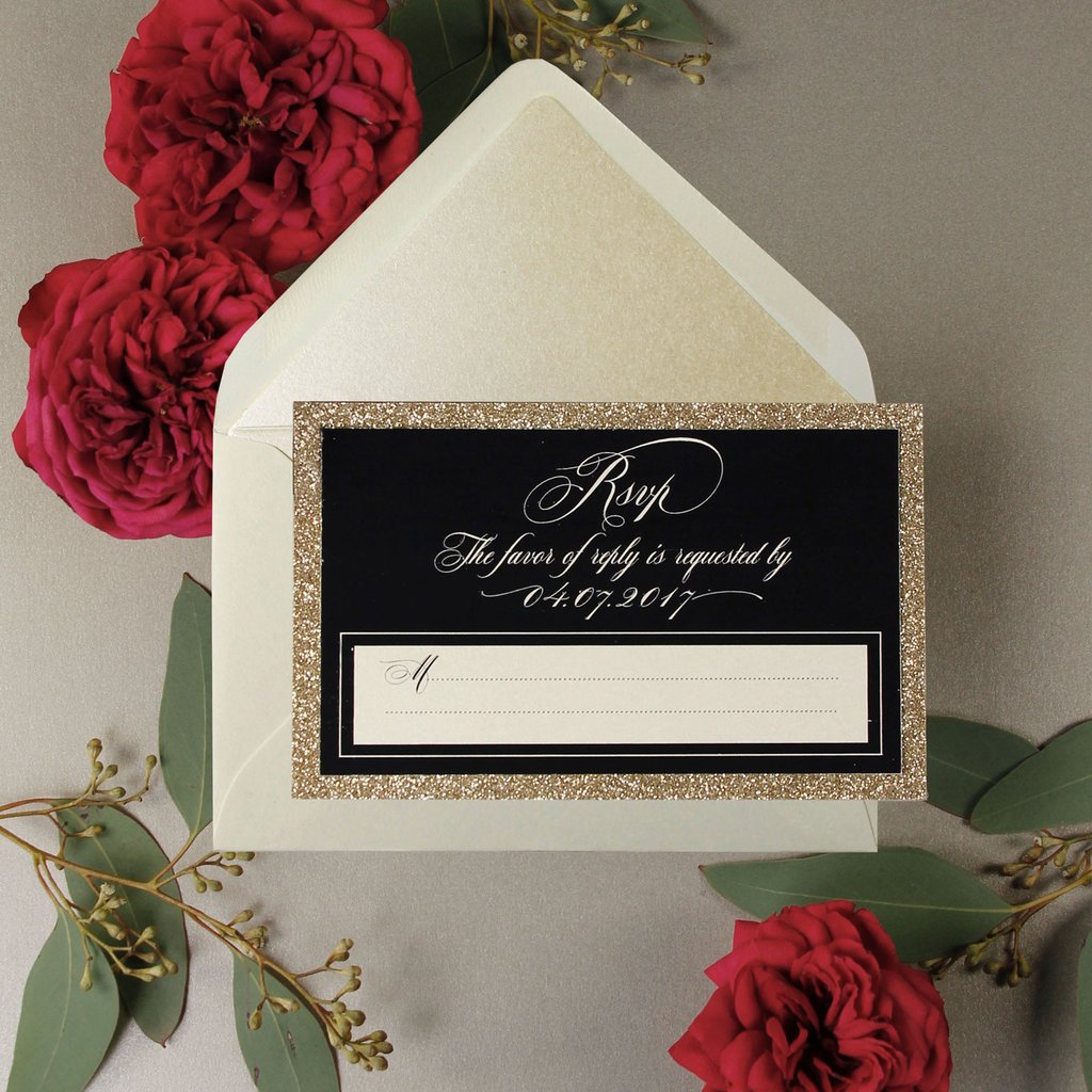 Black Opulence Luxury RSVP Card with Gold Glitter + Envelope