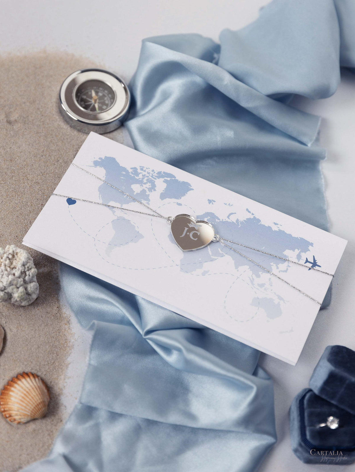 Dossier Voyage Portefeuille: Luxury Dusty Blue Wedding Passport Invite in Pocket & Silver Mirror Tag Passport Invitation Suite