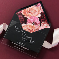 Acrylic Save the Date with Calligraphy Perspex See Through Plexi - Engraved with Floral Liner