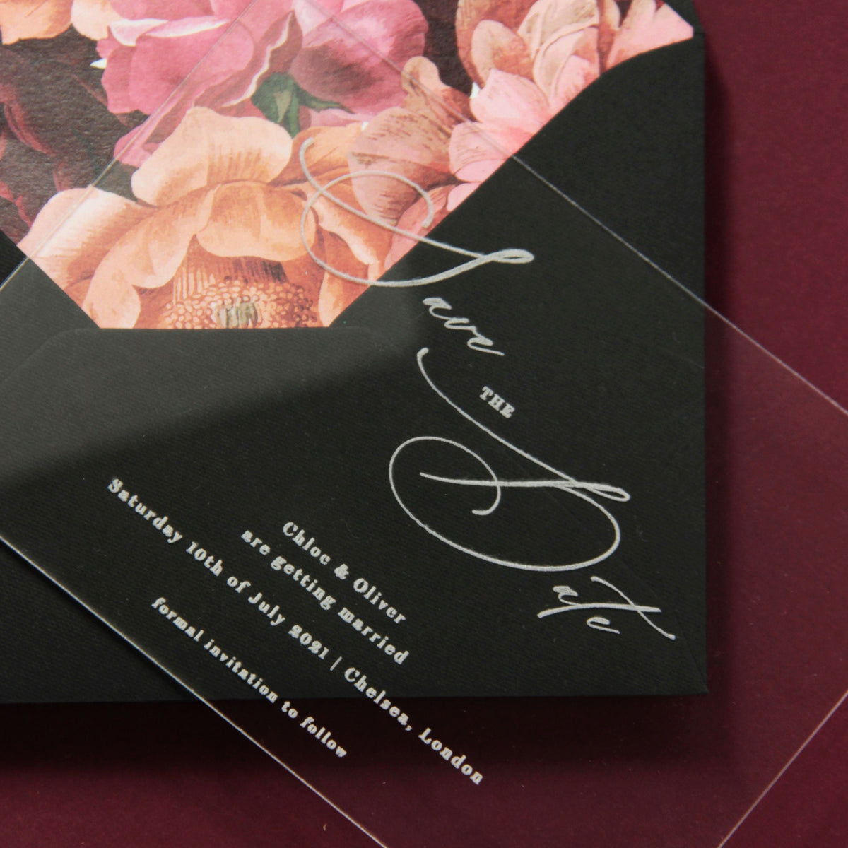 Acrylic Save the Date with Calligraphy Perspex See Through Plexi - Engraved with Floral Liner