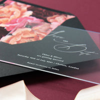 Acrylic Save the Date with Calligraphy Perspex See Through Plexi - Engraved with Floral Liner