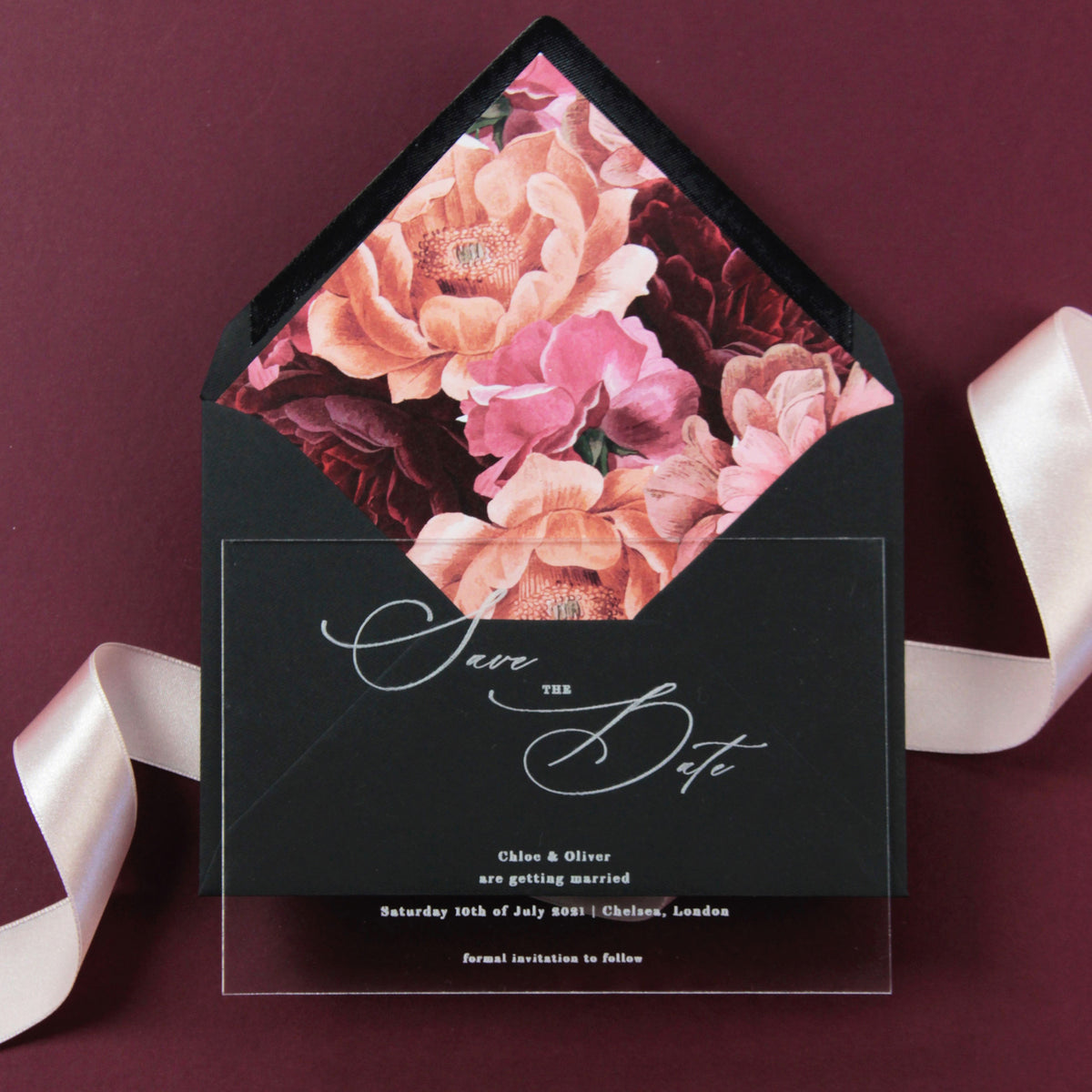 Acrilico Save the Date con calligrafia Perspex See Through Plexi - Inciso con fodera floreale