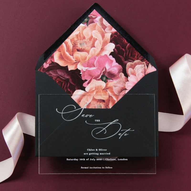 Acrylic Save the Date with Calligraphy Perspex See Through Plexi - Engraved with Floral Liner