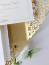 Invito a nozze tascabile in pizzo vintage dorato con taglio laser e glitter + busta