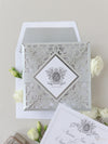 Silver Laser Cut and Glitter Lace Pocketfold Wedding Invitation + Envelope
