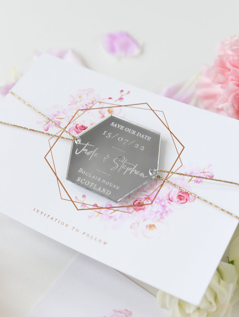 Hexagonal Mirror Magnet Personalised Engraving with Rose Gold Foil Save the Date Card