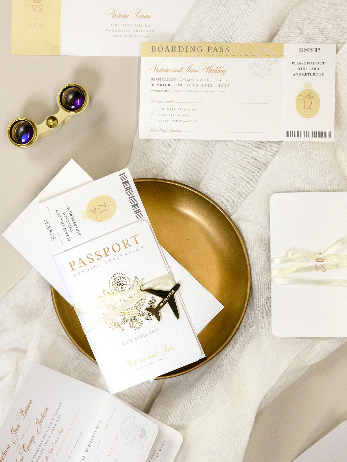 Gold Passport Wedding Invitation - Luxury Engraved Plane in Gold Plexi Passport & Real Gold Foil Destination Wedding