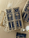 Invito per il giorno delle nozze apribile con taglio laser Art Déco dorato del Grande Gatsby