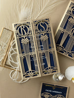 Invito per il giorno delle nozze apribile con taglio laser Art Déco dorato del Grande Gatsby