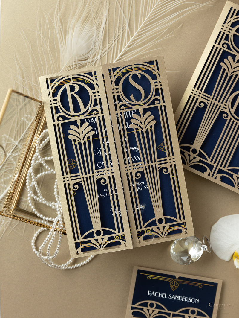 Invito per il giorno delle nozze apribile con taglio laser Art Déco dorato del Grande Gatsby