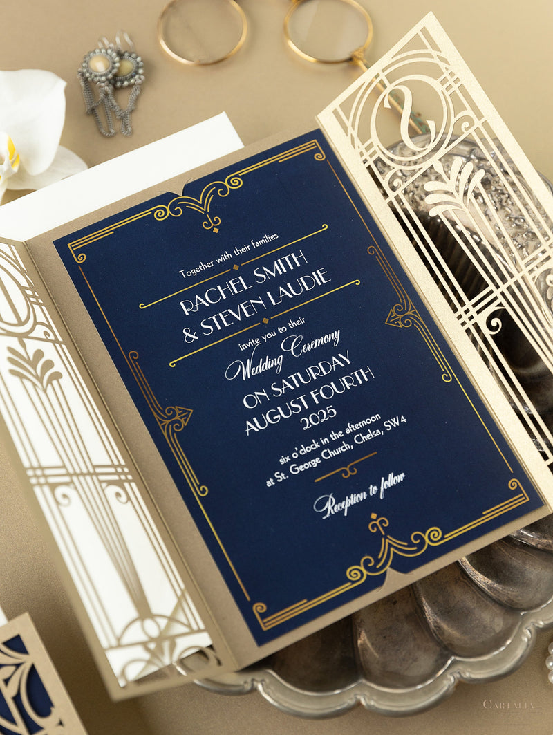 Invito per il giorno delle nozze apribile con taglio laser Art Déco dorato del Grande Gatsby