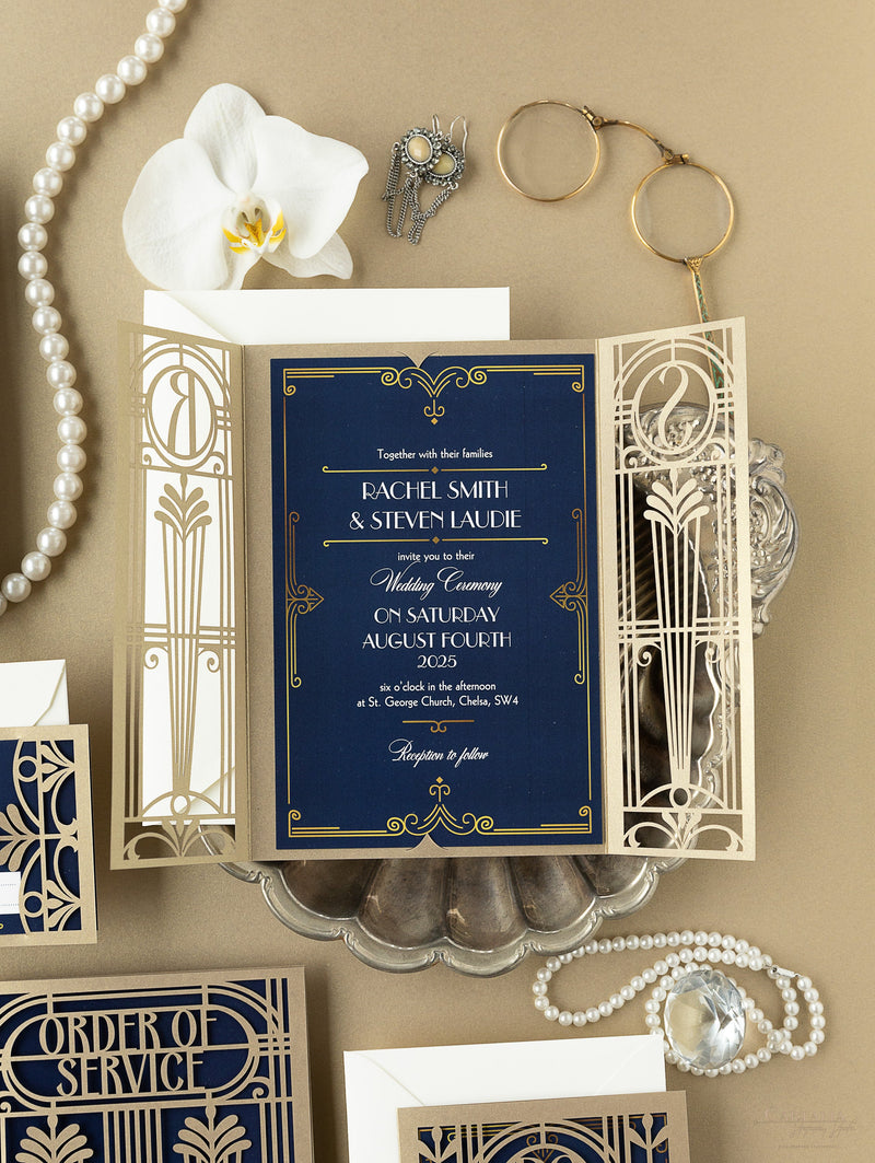 Invito per il giorno delle nozze apribile con taglio laser Art Déco dorato del Grande Gatsby