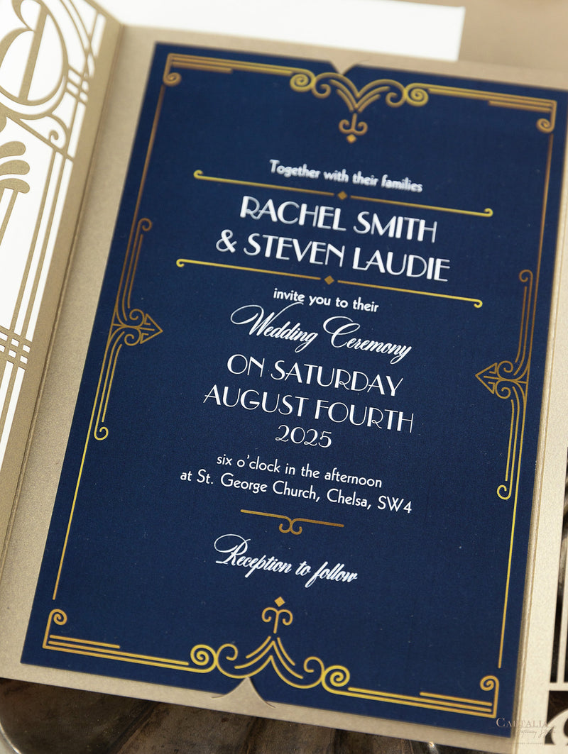 Invito per il giorno delle nozze apribile con taglio laser Art Déco dorato del Grande Gatsby