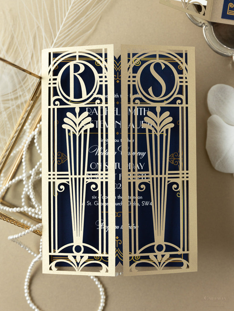Invito per il giorno delle nozze apribile con taglio laser Art Déco dorato del Grande Gatsby