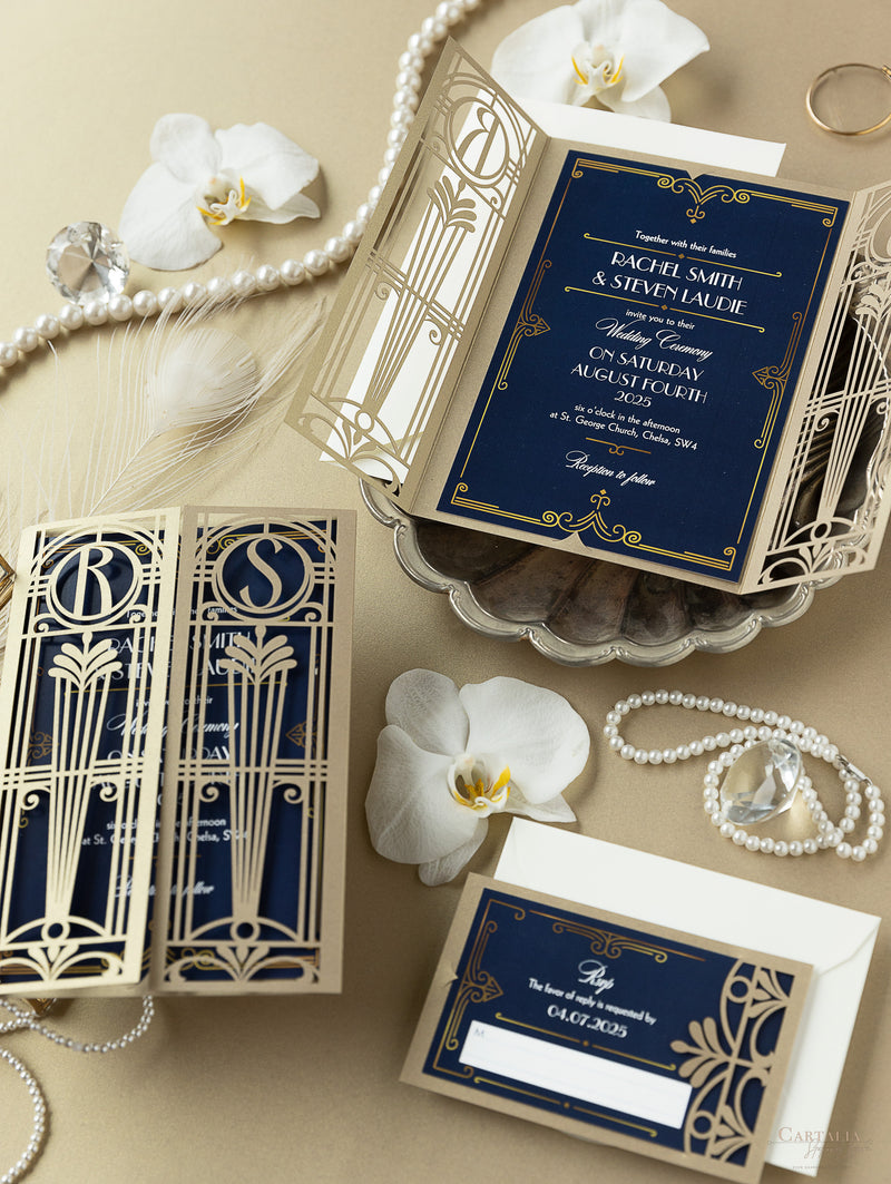 Invito per il giorno delle nozze apribile con taglio laser Art Déco dorato del Grande Gatsby
