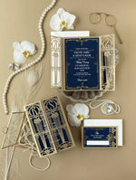 Invito per il giorno delle nozze apribile con taglio laser Art Déco dorato del Grande Gatsby