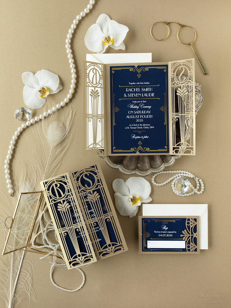 Invito per il giorno delle nozze apribile con taglio laser Art Déco dorato del Grande Gatsby