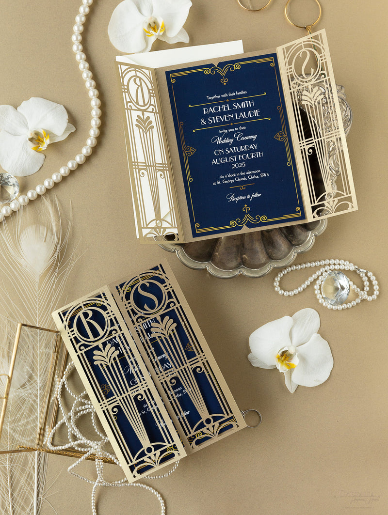 Invito per il giorno delle nozze apribile con taglio laser Art Déco dorato del Grande Gatsby