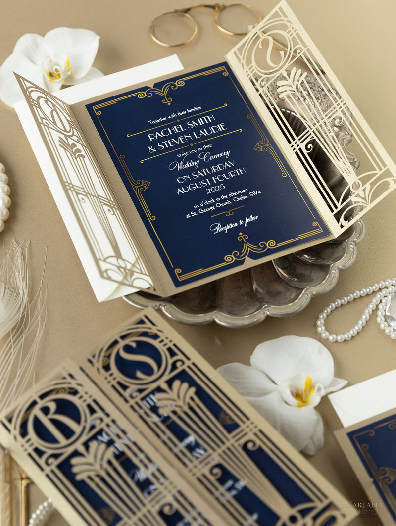 Invito per il giorno delle nozze apribile con taglio laser Art Déco dorato del Grande Gatsby