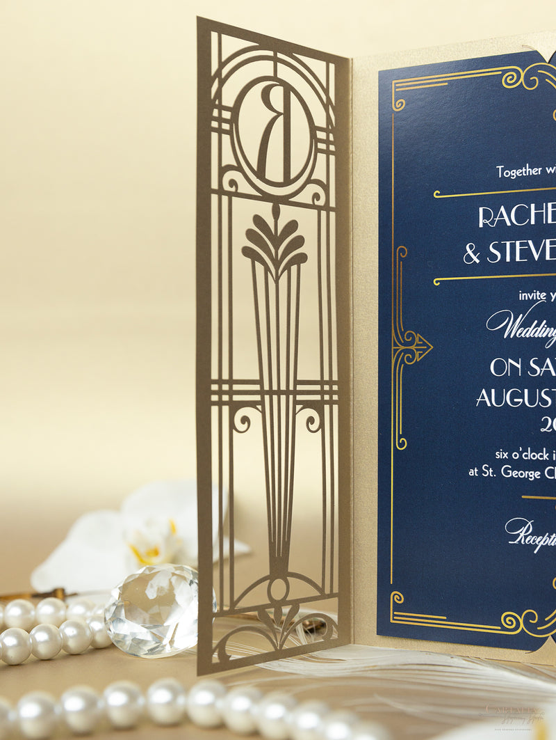 Invito per il giorno delle nozze apribile con taglio laser Art Déco dorato del Grande Gatsby