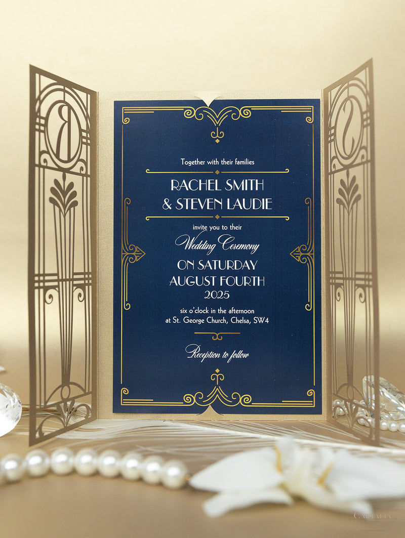 Invito per il giorno delle nozze apribile con taglio laser Art Déco dorato del Grande Gatsby