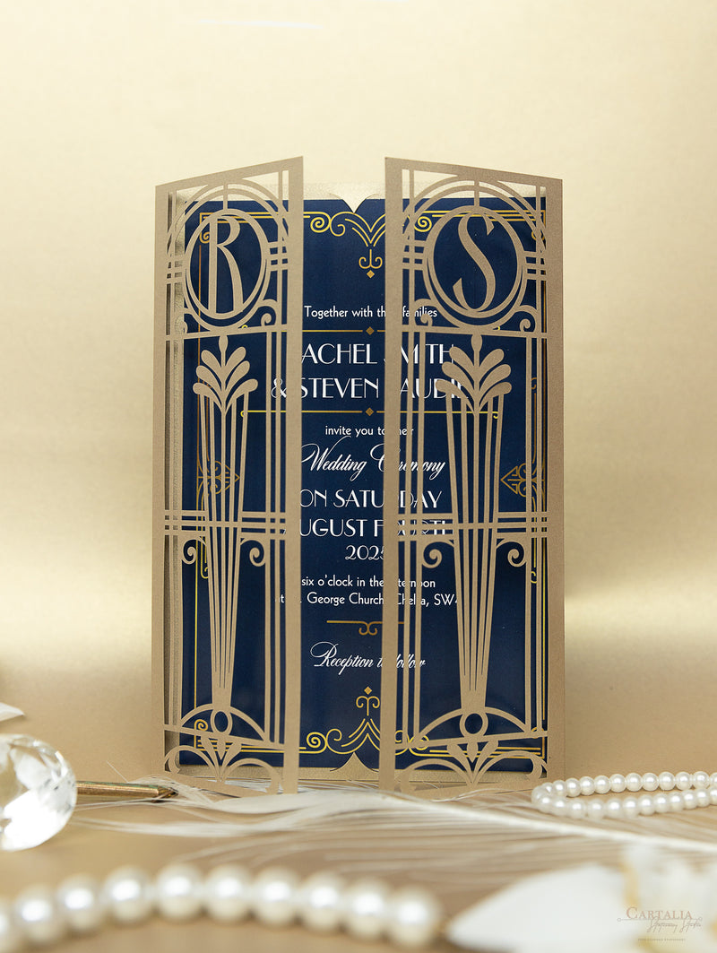 Golden Art Deco Great Gatsby Laser Cut Gatefold Wedding Day Invitation –  Cartalia