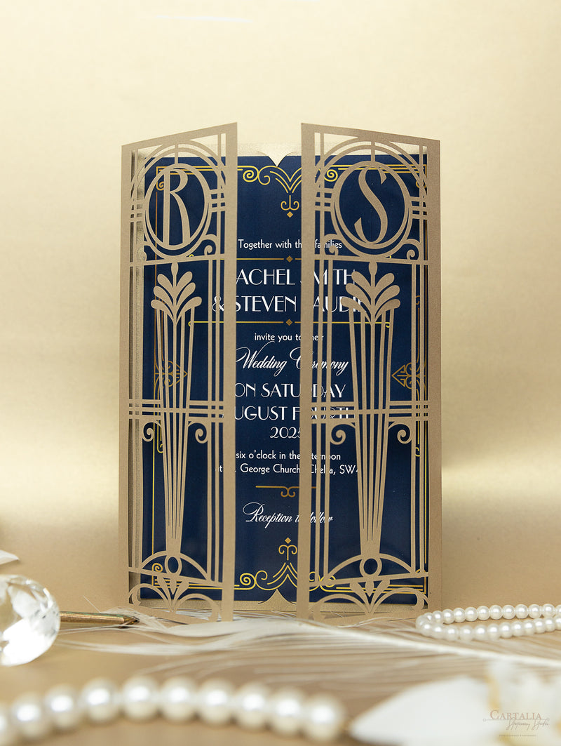 Invito per il giorno delle nozze apribile con taglio laser Art Déco dorato del Grande Gatsby