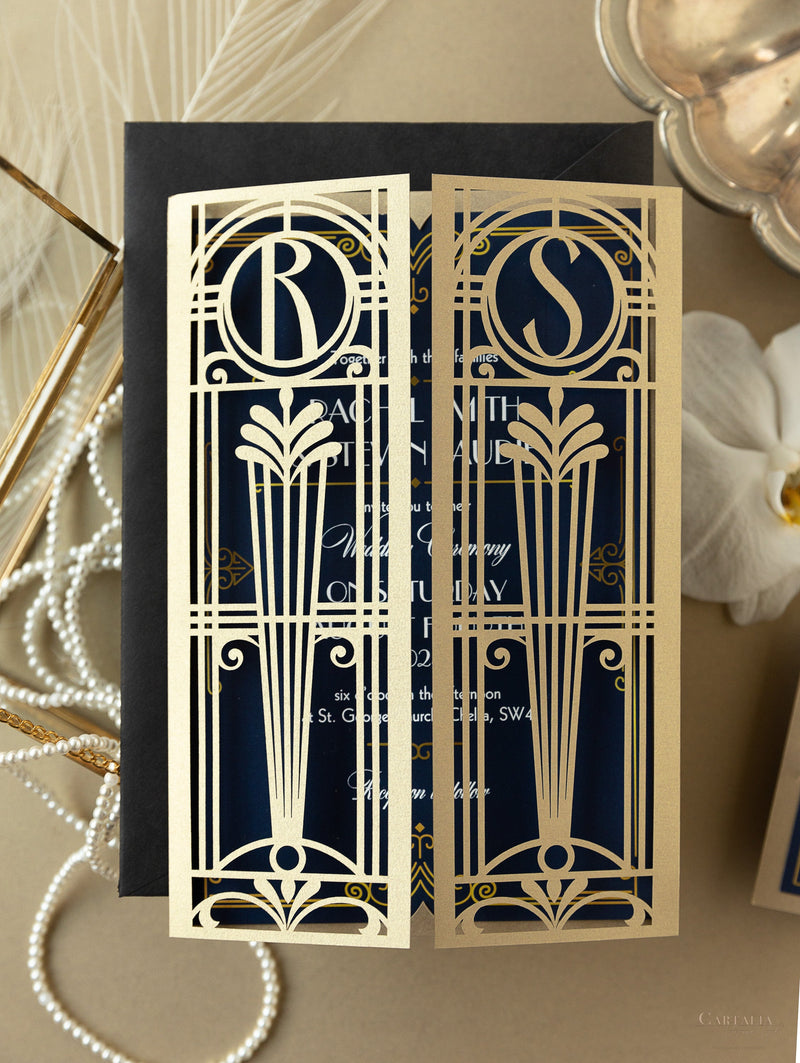 Invito per il giorno delle nozze apribile con taglio laser Art Déco dorato del Grande Gatsby