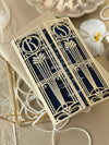 Invito per il giorno delle nozze apribile con taglio laser Art Déco dorato del Grande Gatsby