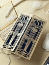 Invito per il giorno delle nozze apribile con taglio laser Art Déco dorato del Grande Gatsby