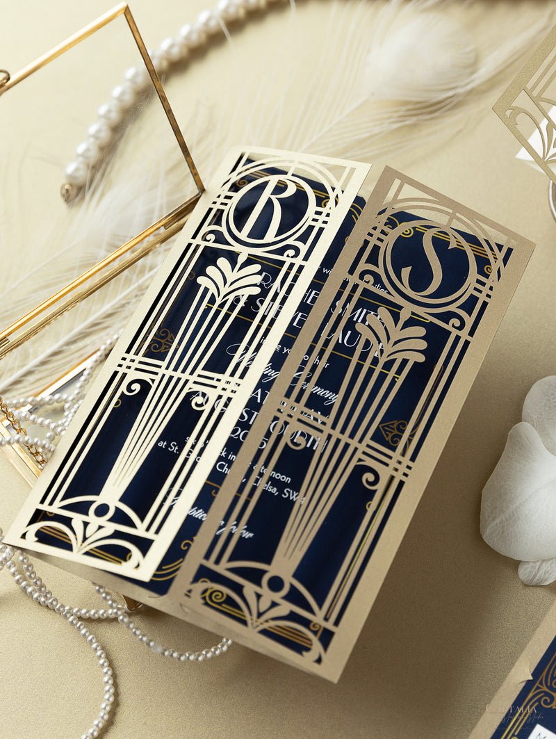 Invito per il giorno delle nozze apribile con taglio laser Art Déco dorato del Grande Gatsby