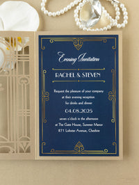 Invito alla serata di nozze apribile con taglio laser del Grande Gatsby dorato in stile Art Déco