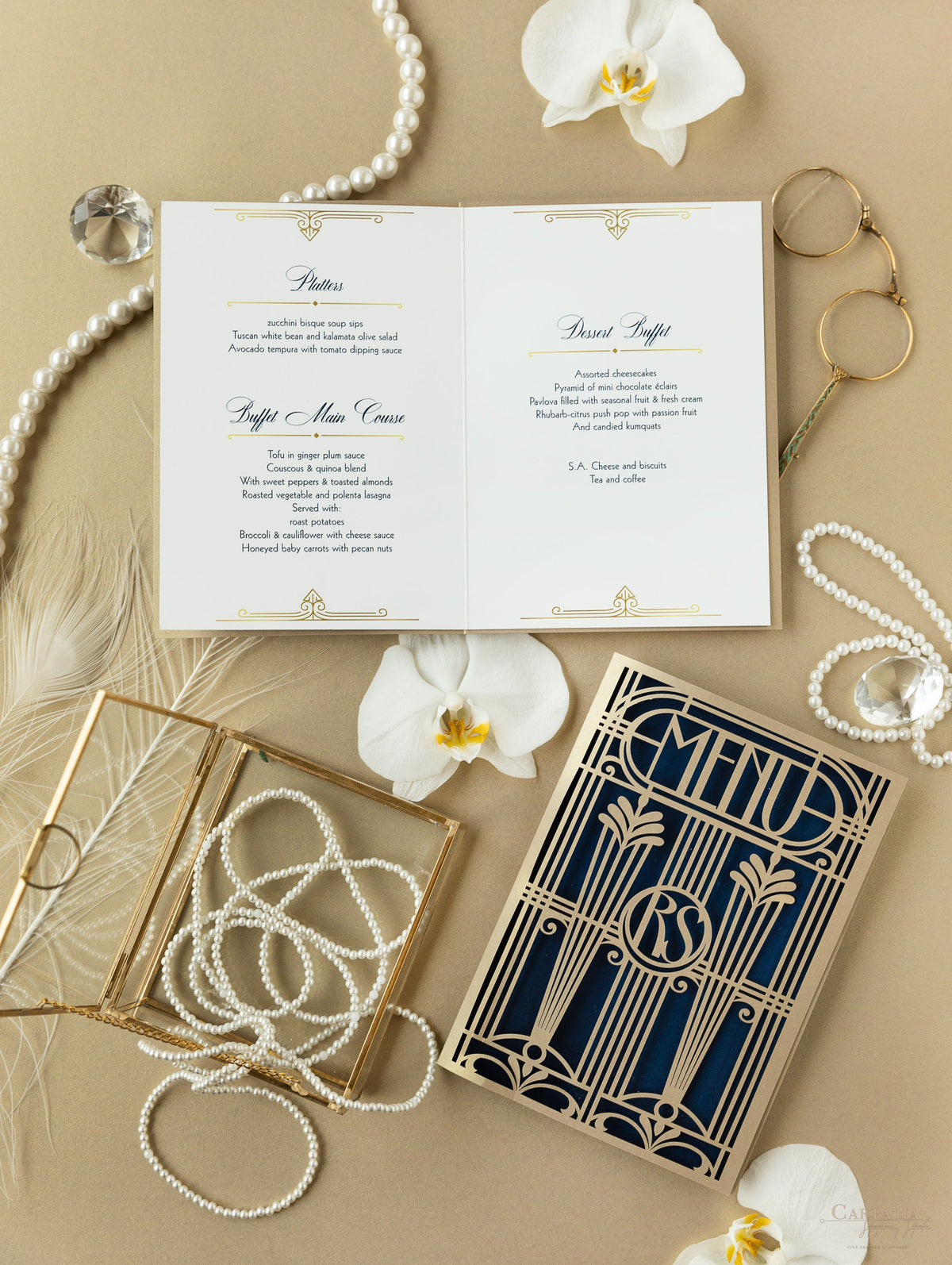 Menu apribile dorato in stile Art Deco Grande Gatsby tagliato al laser