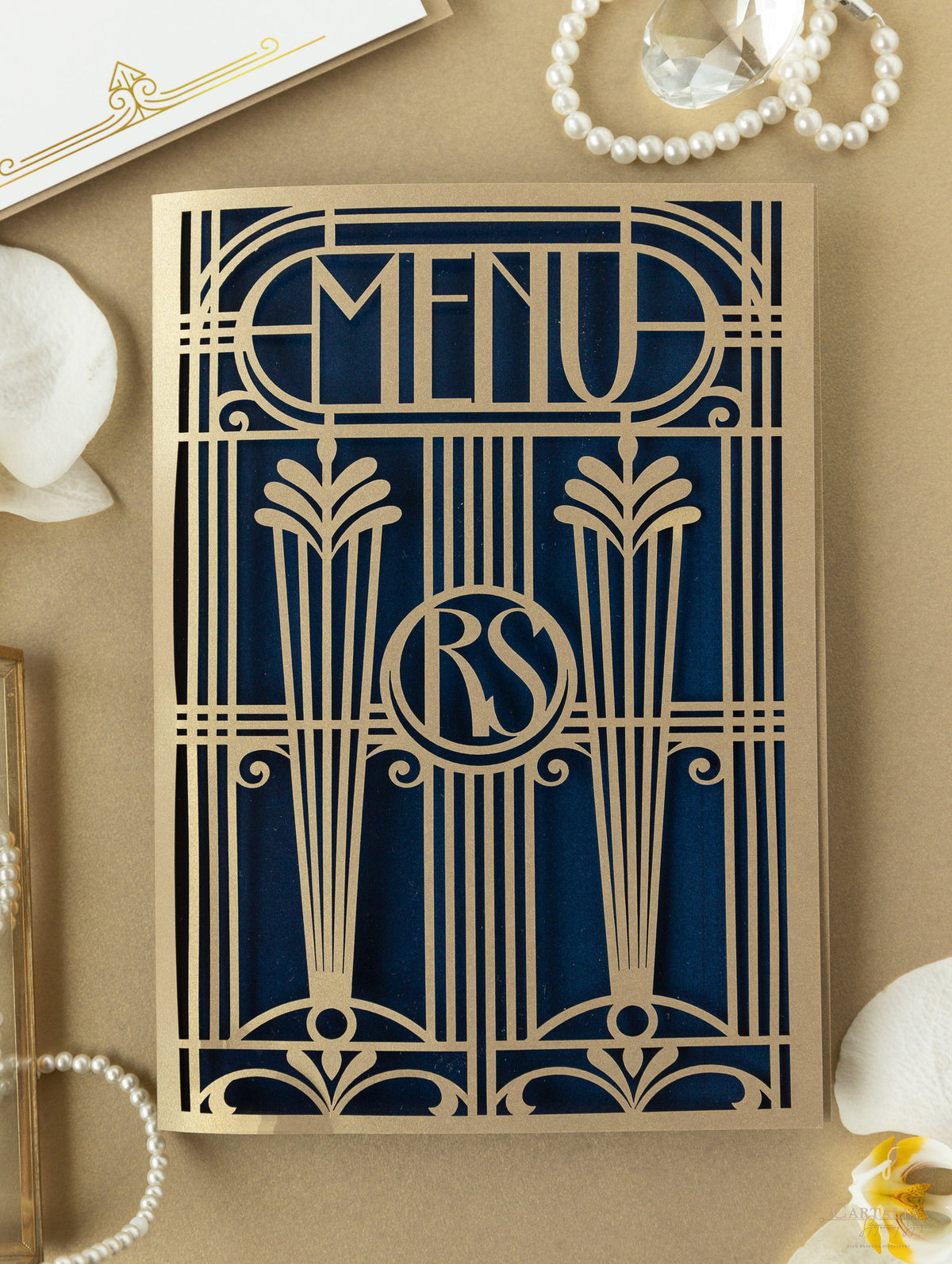 Golden Art Deco Great Gatsby Laser Cut Gatefold Menu