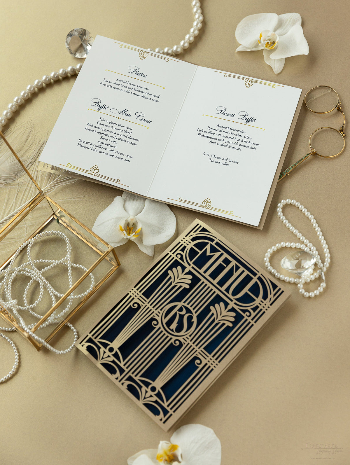 Menu apribile dorato in stile Art Deco Grande Gatsby tagliato al laser