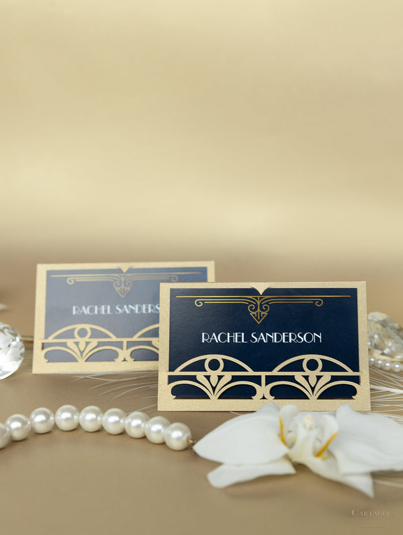 Tarjeta de lugar con corte láser del Gran Gatsby Art Déco dorado – Cartalia