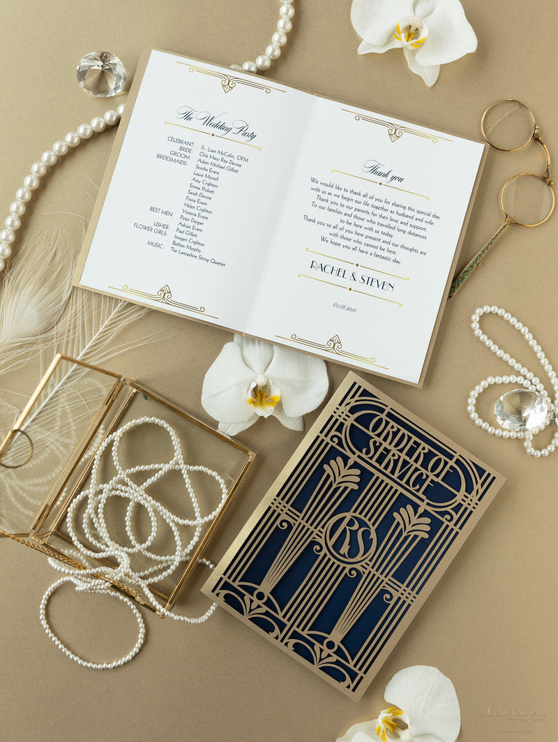 Menu apribile in stile Art Deco dorato Grande Gatsby tagliato al laser / Ordine di servizio
