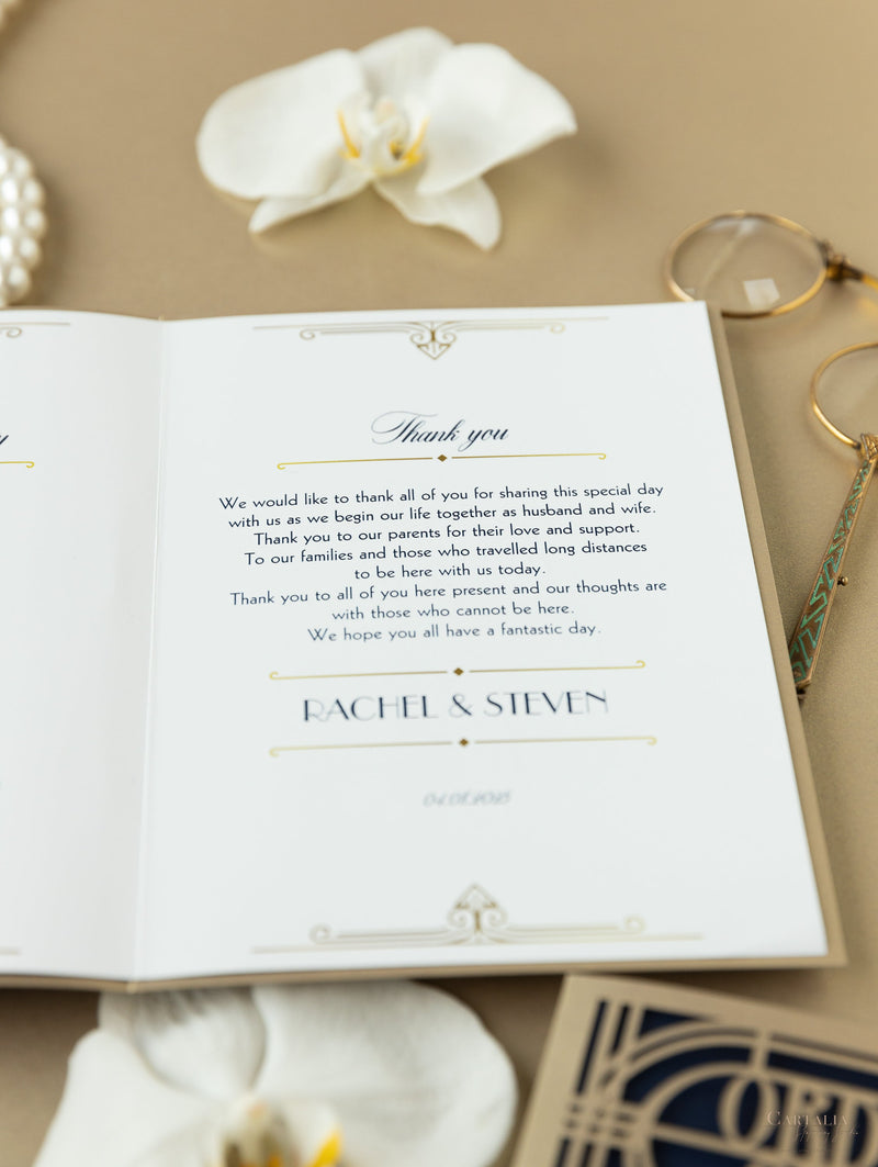 Menu apribile in stile Art Deco dorato Grande Gatsby tagliato al laser / Ordine di servizio