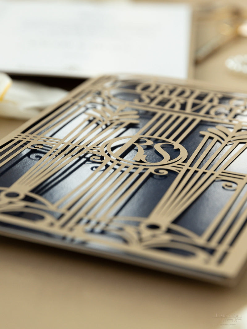 Menu apribile in stile Art Deco dorato Grande Gatsby tagliato al laser / Ordine di servizio