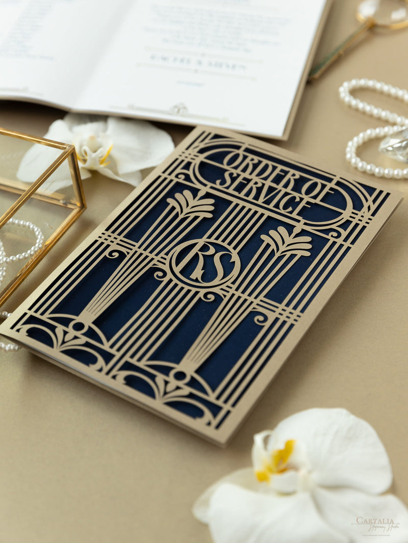 Menu apribile in stile Art Deco dorato Grande Gatsby tagliato al laser / Ordine di servizio