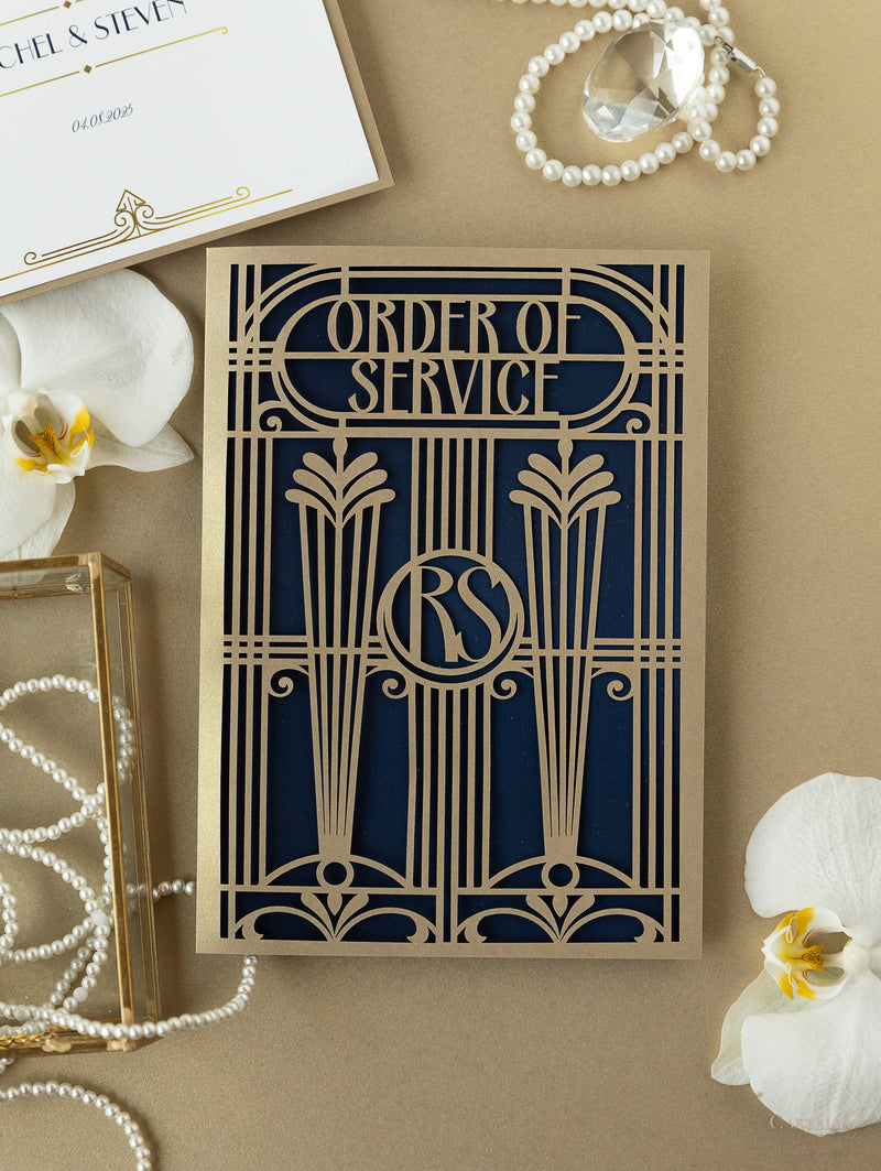 Menu apribile in stile Art Deco dorato Grande Gatsby tagliato al laser / Ordine di servizio
