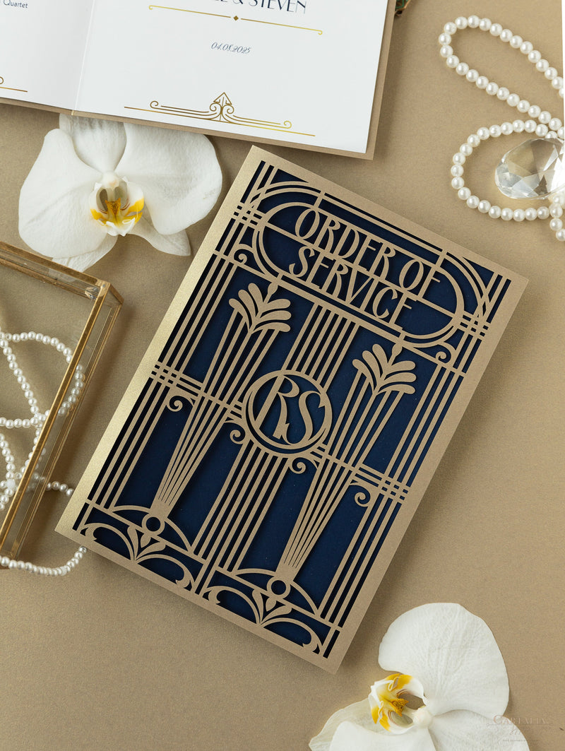 Menu apribile in stile Art Deco dorato Grande Gatsby tagliato al laser / Ordine di servizio
