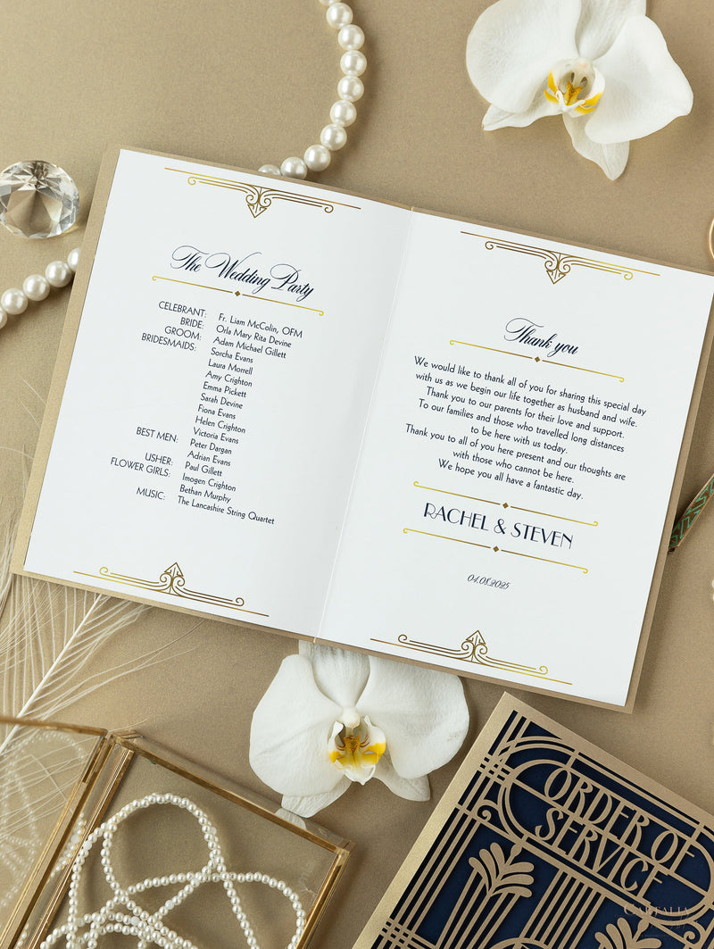 Menu apribile in stile Art Deco dorato Grande Gatsby tagliato al laser / Ordine di servizio