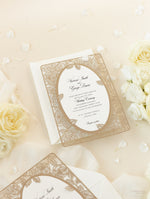 Elegant Laser Cut Roses Wedding Day Invitation in Old Gold