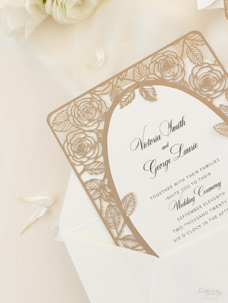 Black and Gold Floral Laser Cut Wedding Invitation with Delicate