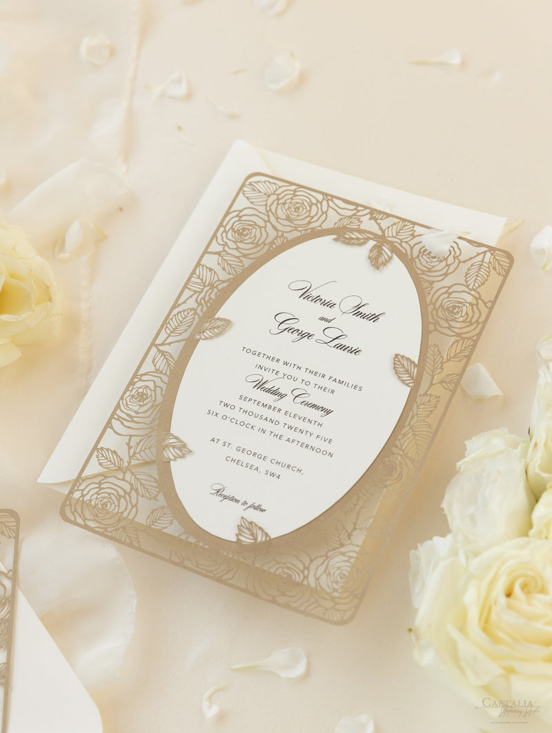 Elegant Laser Cut Roses Wedding Day Invitation in Old Gold